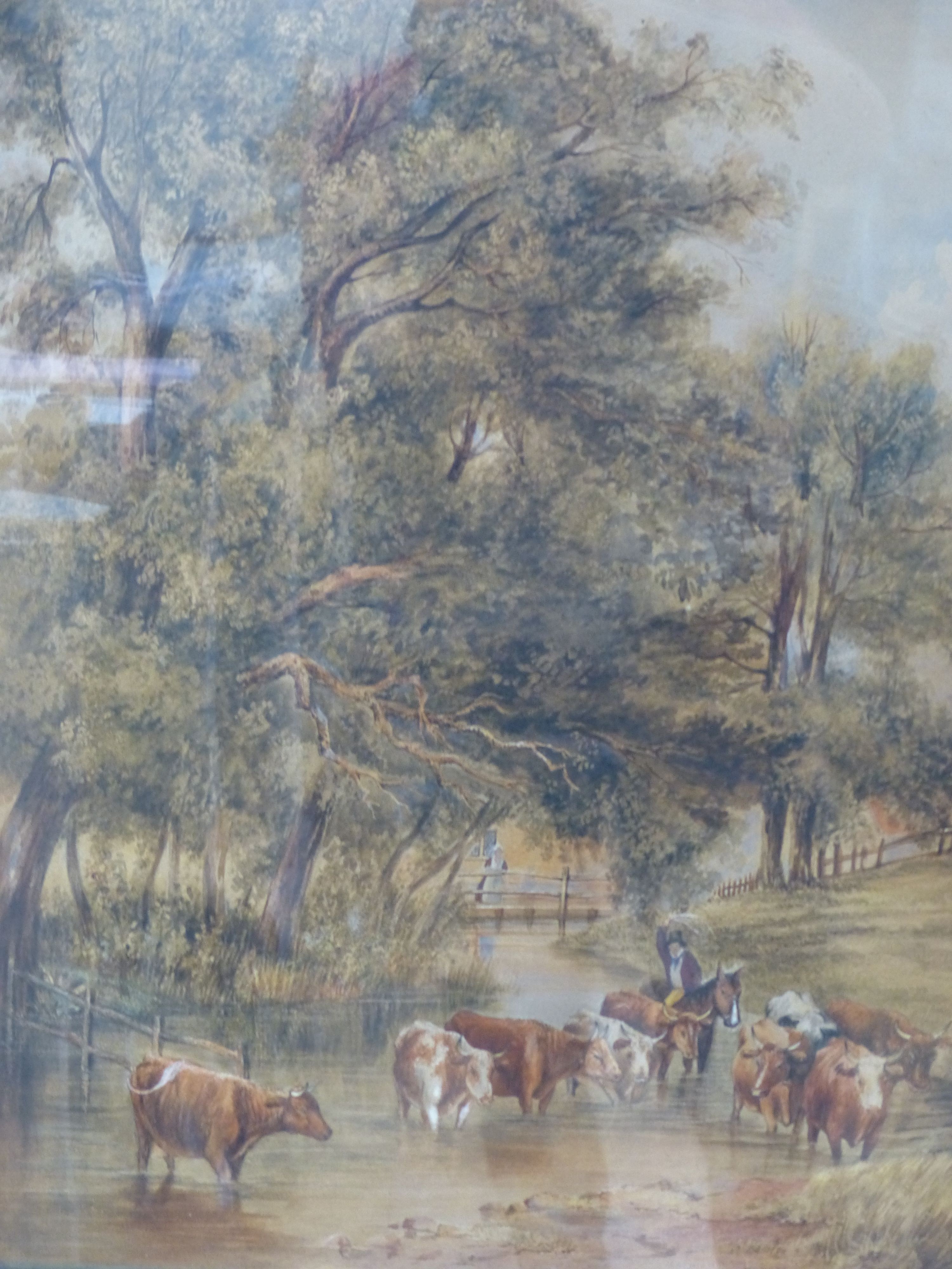 Victorian School, watercolour, Cattle drover crossing a brook, 51 x 40cm